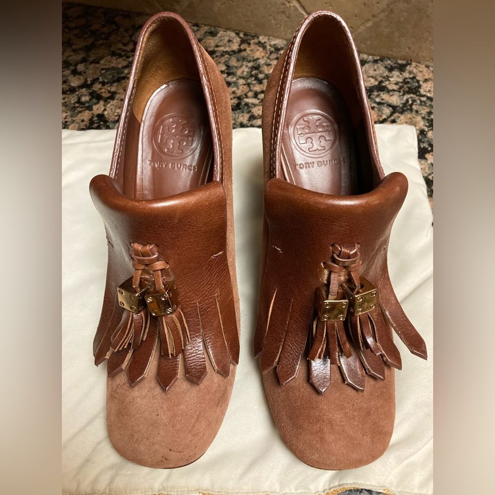 Tory Burch brown suede kilt tassel heels